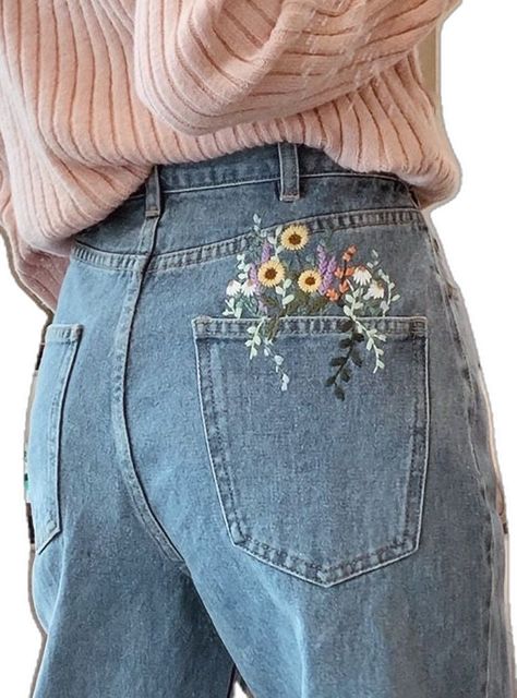 Embroidery Jeans Diy, Celana Fashion, Clothes Embroidery Diy, Denim Embroidery, Diy Embroidery Patterns, Handmade Embroidery Designs, Pola Sulam, Hand Embroidery Projects, Fun Crochet