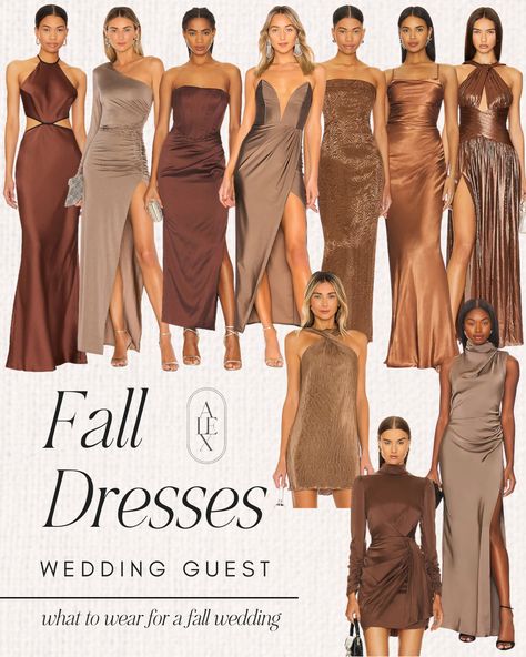 Do you have an upcoming fall wedding!? Dallas based lifestyle and fashion influencer, Alex Malek, is sharing her top picks for formal fall wedding guest dresses here! Shop all her favorite chocolate brown wedding guest dresses for Fall on LTK! Rust Color Dress Wedding Guest, Wedding Guest Brown Outfit, Brown Dress For Wedding Guest, Brown Wedding Dress Guest, Winter Wedding Guest Outfit Cocktail, Brown Color Wedding Theme, Chocolate Brown Wedding Guest Dress, Fall Wedding Attire Guest Dresses, How To Style A Brown Dress