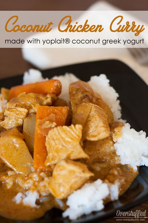 If you like curry, you will LOVE this coconut chicken curry recipe made with coconut yogurt. It is so good! #overstuffedlife Chicken Coconut Curry With Mango, Simple Coconut Chicken Curry, Chicken Thigh Coconut Curry, Chicken Curry No Coconut Milk, Mild Coconut Curry Chicken, Coconut Curry Chicken, Coconut Chicken, Curry Chicken Recipes, Curry Chicken