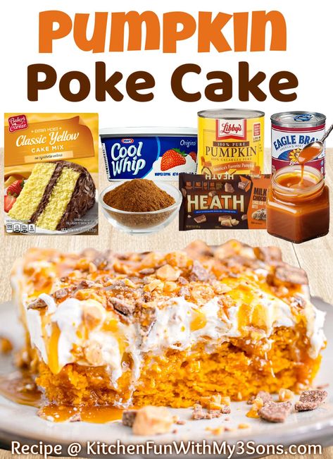 Frozen Whipped Cream, Pumpkin Poke Cake, Chewy Toffee, Caramel Pumpkin, Dump Cake Pumpkin, Caramel Drizzle, Poke Cake Recipes, Kitchen Fun, Toffee Bits