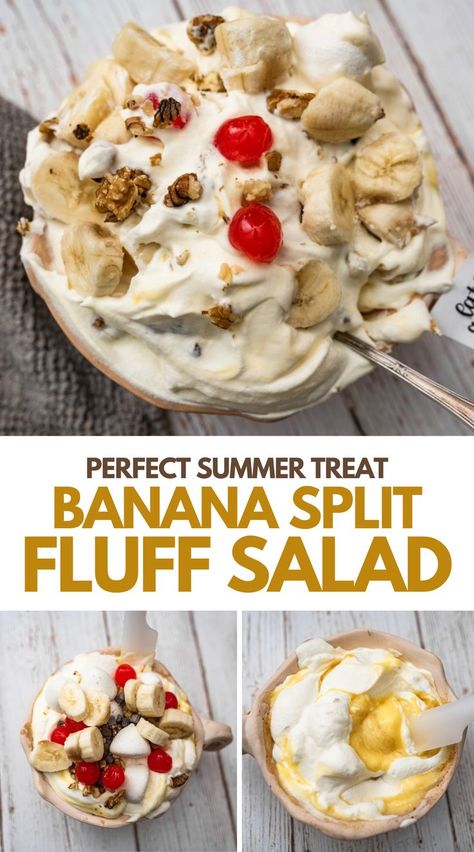 Banana Split Fluff Salad Recipe Banana Split Fluff Salad, Banana Fluff, Banana Split Fluff, Banana Split Recipes, Fluff Salad, Pineapple Whip, Salads For A Crowd, Sweet Fruit, Sweet Delights