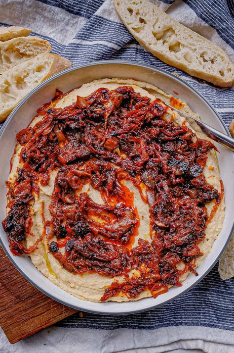 Sweet & Smoky Caramelized Onion Hummus - Cristina's Kitchen Onion Hummus, Gluten Free Hummus, Summer Savory, Creamy Hummus, White Bean Dip, Make Hummus, Baba Ganoush, Lime Rice, Homemade Hummus