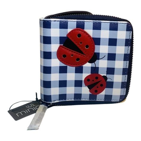 Mincci Lady Bug Zip Bifold Wallet Blue White Checker Plaid Square Wallet 4x4in New With Tags All Around Zip Bifold Credit Card Id Money 4x4x.5in Boho Wallet, Cat Wallet, Green Cherries, Cute Wallets, Card Id, Dream Gift, Fold Wallet, Pink Logo, Bifold Wallet