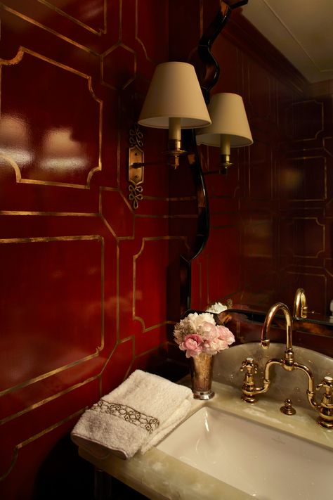 Eastside Eclectic — Robert Passal Interior Design Mill Work, Red Bathroom Decor, Lacquered Walls, Traditional Baths, Bathroom Red, Red Rooms, Painted Paneling, New Traditional, Bathroom Floor Tiles