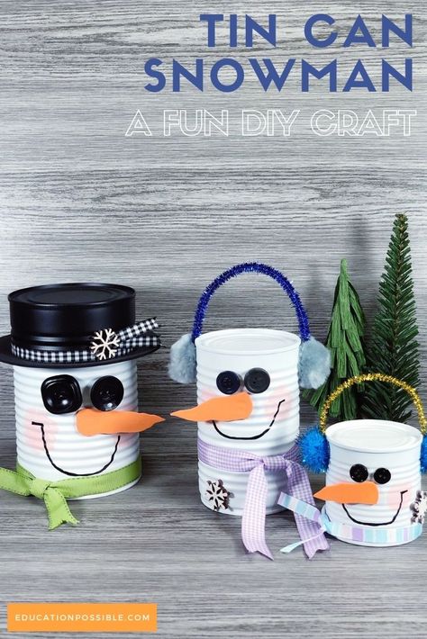 Winters can be long, so liven up your home with a tin can snowman. This recycled craft is incredibly easy to complete, making it perfect for kids and adults. This simple project can be finished in less than 30 minutes and makes an adorable winter decoration. Spend some time together creating a whole family of snowmen out of tin cans. Mini Pail Crafts, Coffee Tin Can Ideas Christmas, Snowman Made Out Of Tin Cans, Coffee Can Diy Projects Christmas, Christmas Crafts With Soup Cans, Crafts With Formula Cans, Can Snowman Craft, Tin Can Snowman Crafts, Christmas Activities For Nursing Homes