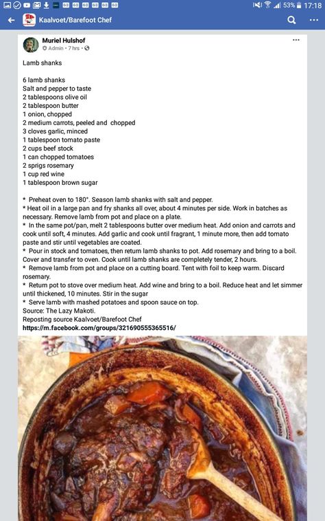 Vleis Geregte, Maklike Resepte, Culinary Basics, Lamb Shank Recipe, Lamb Stew Recipes, Lamb Shank, Oxtail Recipes, Amazing Food Hacks, Mutton Recipes