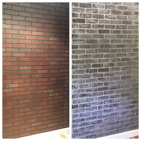 Faux Brick Wall Before & After Brick Panels + Chalk Paint + Water + Rags Faux Brick Painting, Brick Wall Paint, Faux Brick Wallpaper, Faux Brick Wall Panels, Brick Painting, Fake Brick, Faux Brick Wall, Brick Wall Paneling, Faux Brick Panels