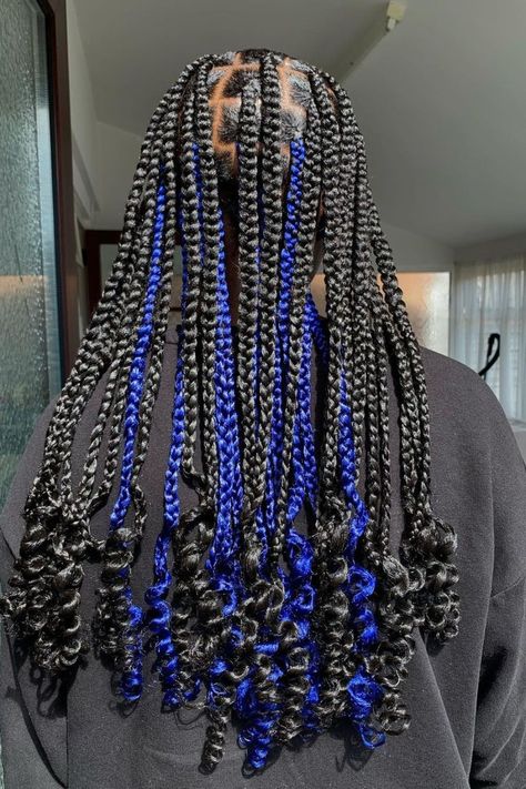 25 Colors for Braiding Hair: Expert Picks for Stunning Styles Blue And Black Box Braids With Curls, Blue Box Braids Hairstyles, Blue And Black Braids With Curls, Black And Blue Boho Braids, Peak A Boo Braids Blue, Dark Blue Peekaboo Braids, Blue Peakaboobraids, Box Braids Blue, Blue Fulani Braids