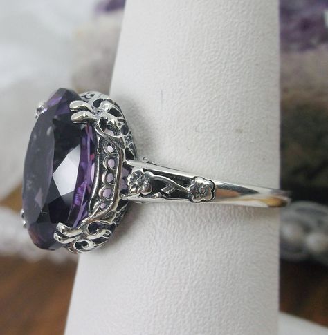 Natural Purple Amethyst Ring/ Sterling Silver/ Oval 3.7ct Natural Purple Amethyst Floral ArtDeco Edwardian Filigree[Made to Order] Design#70 Amethyst Ring Vintage, Antique Filigree, Purple Amethyst Ring, Edwardian Jewelry, Order Design, Filigree Jewelry, Amethyst Gem, Purple Band, Jewelry Antique