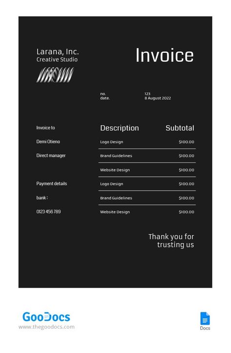 Black+Creative+Invoice Creative Invoice Design, Invoice Design Template Free, Invoice Design Creative, Student Business Cards, Painter Business Card, Dental Business Cards, Event Planner Business Card, Barber Business Cards, Music Business Cards