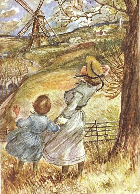 Blow, Wind, Blow!  Illustration from the "Book Of Nursery And Mother Goose Rhymes".  ~ Peter Pumpkin, Blowin' In The Wind, Rhyming Books, Little Bo Peep, Roman Soldiers, Humpty Dumpty, Pumpkin Jack, Mother Goose, Windy Day