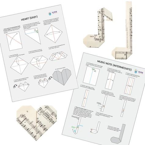 Kids will fold up two origami projects with a special musical twist. They'll use sheet music instead of origami paper! First up is an origami heart that's perfect for beginners. The second project is a musical note with a few moderate folds. Music Origami, Origami Projects, Music Together, Spring Books, Art And Music, Origami Heart, Musical Note, First Art, Music For Kids