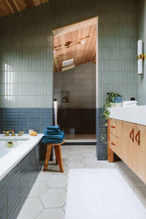 Shower Wall Instead Of Door, Master Bath Inspiration Modern, Townhome Inspiration, Midcentury Modern Bathroom, Emily Henderson Design, I'm Jealous, Ann Sacks Tiles, Orange Door, Friends House