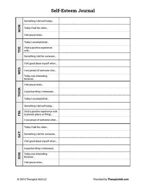 Self-Esteem Journal | Worksheet | Therapist Aid Self Esteem Worksheets For Adults, Self Esteem Worksheets For Teens, Self Improvement Worksheet, Self Worksheets, Self Esteem Crafts, Self Love Worksheet, Positive Journaling, Psychology Tools, Self Esteem Worksheets