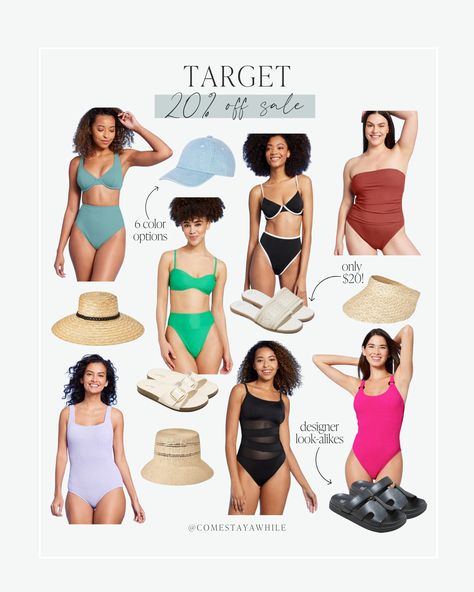 The cutest swimsuits, shoes, and hats from Target are 20% off this week! 😍 Don't miss these amazing offers! Hurry over to Target! 👏🏻 Come stay awhile, target finds, swimsuits for women, designer look-alike sandals, stylish summer finds

Bikinis | Sandals | Sunhats | Summer Outfits | Women's Fashion

Follow comestayawhile for DIY projects, neutral home decor, skincare routine, women's fashion, lifestyle, parenting, & more! Follow amandalovesamazon for the best deals on home, beauty, & fashion! Target Swimwear, My Skincare Routine, Neutral Home Decor, Get Ready With Me, Beauty Finds, Target Finds, Swimsuits For Women, Neutral Home, Cute Swimsuits