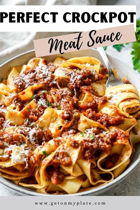 had bison before, this bison bolognese will be a pleasant surprise!! This delicious meat sauce is slow-cooked in the crockpot for that all-day, simmered taste. Served over pappardelle or your favorite pasta, it's the ultimate bowl of comfort food! Easy Crockpot Meat, Crockpot Meat Sauce, Bison Bolognese, Bison Meat Recipes, Crockpot Meat, Bison Recipes, Crock Pot Inspired Recipes, Meat Sauce Recipes, Vegetarian Pasta Recipes