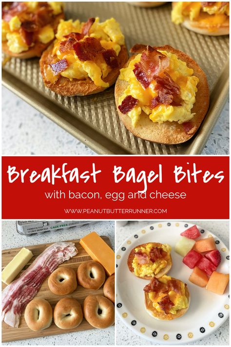 Breakfast Ideas With Mini Bagels, Breakfast Bagel Bites, Mini Bagel Recipes Breakfast, Mini Bagel Ideas, Bagel Breakfast Pizza, Mini Bagel Recipes, Bagel Breakfast Ideas, Mini Bagels Recipe, Peanut Butter Pizza