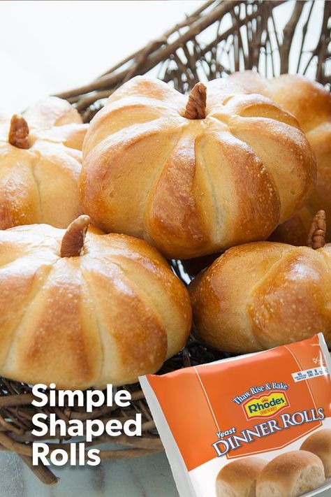 Rhodes Pumpkin Shaped Rolls, Dinner Rolls Shaped Like Pumpkins, Rolls That Look Like Pumpkins, Thanks Giving Ideas Food, Pumpkin Shaped Rolls Easy, Bread Shaped Like Pumpkins, Thanksgiving Bread Basket, Tha Ksgiving Food, Pumpkin Shaped Dinner Rolls