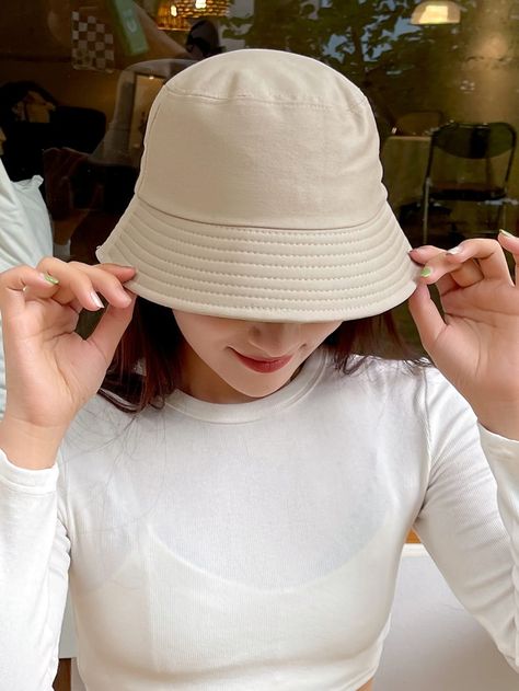 Khaki Casual   Cotton Plain Bucket Hat Embellished  Spring/Fall Women Accessories Fashion Clothes Women, Bucket Hat, Baseball Hats, Women Accessories, Fashion Outfits, Collar, Hats