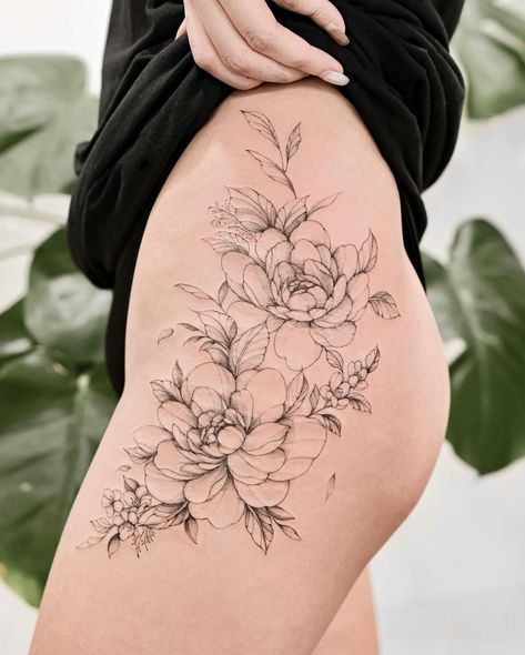 Blooming beauty that stands the test of time 🌸✨ Embracing the delicate allure of peonies and cherry blossoms on her side hip! Forever… | Instagram Cherry Blossom Side Tattoo, Peony Tattoo Hip, Cherry Blossom Hip Tattoo, Fine Line Hip Tattoo, Hip Tattoo Ideas, Flower Tat, Fine Line Tattoo, Peonies Tattoo, Blossom Tattoo