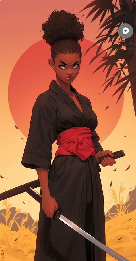 Black Female Samurai Art, Female Afro Samurai, Black Female Samurai, Black Samurai Art, Female Samurai Character Art, Afro Hair Drawing, Figma Illustration, Egyptian Warrior, Samurai Girl