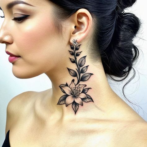 Subtle Sophistication: Sampaguita Neck Design" Enhance your neck’s natural contours with a refined Sampaguita tattoo, adorned with delicate dot work and swirling elegance. #SophisticatedInk #FloralArt #TattooDesign #tattoos #tattooart #tattooing #tattooideas #tattoodesign #tattooartist #tattooart #tattooinspiration #necktattoo #necktattoos #Sampaguita #jasmine Women Side Neck Tattoo, Subtle Neck Tattoo, Sampaguita Tattoo, Feminine Neck Tattoos, Behind Ear Tattoos, Side Neck Tattoo, Neck Tattoos Women, Ear Tattoos, Natural Contour