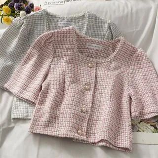 Tweed Outer, Casual Coats For Women, Tweed Crop Top, Pink Plaid Shirt, Korean Tops, Smart Casual Women, Tweed Top, Plaid Blouse, Top Women