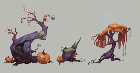 Halloween Environment Concept Art, Trees Concept Art, Halloween Concept Art, Halloween Environment, Tree Concept Art, Character Art Ideas, Doodle Trees, Plants Doodle, Halloween Plants