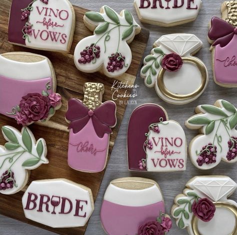 Winery Bridal Shower Cookies, Wine Bridal Shower Cookies, Wine Bachelorette Cookies, Vino Before Vows Cookies, Wine Themed Cookies, Winery Themed Bachelorette Party, Vineyard Bridal Shower Ideas, Vino Before Vows Bridal Shower Ideas, Wine Bachelorette Party Theme