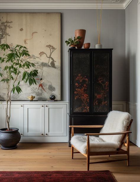 Asian Inspired Living Rooms, Mid Century Asian Decor, Chinese Cabinet Living Room, Armchair Nook, Chinese Decor Asian Interior, New Chinese Style Interior, Chinese Home Design, Modern Asian Interior, Asian Zen Interior Design