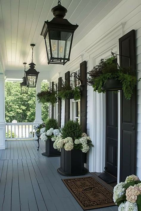 Southern Front Porch Ideas, Coastal Deck, Grey House White Trim, Victorian Front Porch, Iron Railings Outdoor, Dreamy Backyard, House With Land, Summer Front Porch Decor, Backyard Renovation