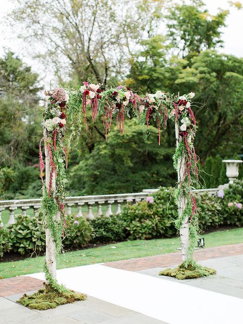 Create an enchanting outdoor wedding arch by draping lush moss and wrapping dense vine around birchwood beams. Marsala And Gold Wedding, Jeff Leatham, Wedding Arches Outdoors, Birch Wedding, Wedding Arbors, Marsala Wedding, Wedding Ceremony Arch, Ceremony Arch, Ceremony Backdrop