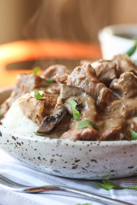 My Easy Slow Cooker Beef Tips is a fantastic weeknight meal that everyone will love. Tender beef in a creamy sauce takes just a few minutes to prep and then cooks in your slow cooker all day! Perfect cold weather food with amazing flavor! #cookiesandcups #recipe #slowcooker #beeftips #dinner #weeknightmeal Stew Beef Stroganoff, Easy Slow Cooker Beef Tips, Beef Stroganoff Instant Pot, Slow Cooker Beef Tips, Beef Tip Recipes, Beef Stroganoff Crockpot, Stew Beef, Beef Stroganoff Easy, Ground Beef Stroganoff