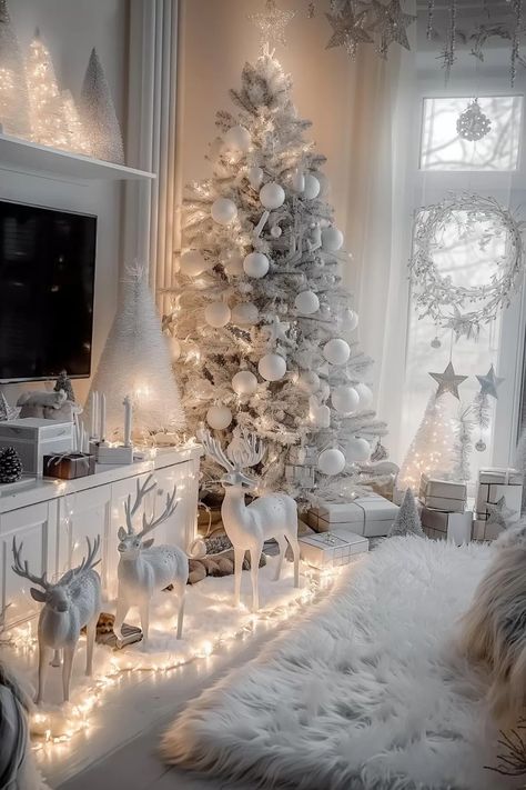 These White Christmas decor ideas are some of the best ideas to use for Christmas decorating and are the best Christmas decorating ideas for this year! Check out this post covering the best White Christmas decor ideas to see the best ways to use white Christmas decor in your home. These Christmas decorations are so gorgeous! Decorations For A White Christmas Tree, White And Silver Christmas Decor Ideas, White Christmas House Decor, White And Brown Christmas Decor, All White Christmas Tree Decorations, White And Silver Christmas Tree Ideas, Winter White Christmas Decor, All White Christmas Decor, All White Christmas Tree