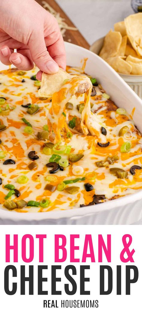 When it's time to party, Hot Bean & Cheese Dip is an easy, must-make dip that is cheesy, spicy, full of flavor, and a huge crowd-pleaser! #Realhousemoms #hotbean #cheesedip #cheesy #spicy #appetizer #reamcheese #gameday #sundayfunday #superbowl #dip Superbowl Dip, Hot Bean Dip, Bean Cheese Dip, Mexican Bean Dip, Refried Bean Dip, Mild Taco Seasoning, Canning Refried Beans, Bean Dip Recipes, Appetizer Sandwiches