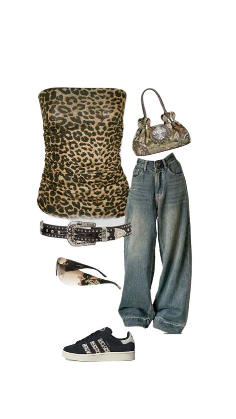 Leopard Y2k Outfit, Leopard Print Tank Top Outfit, Cheetah Top Outfit, Cheetah Print Clothes, Yk2 Outfits, Tube Top Outfits, Street Style Outfits Casual, Mall Outfit, Outfits 2000s