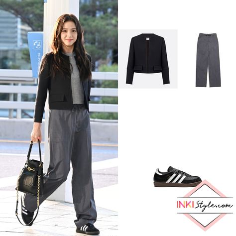 BLACKPINK Jisoo wearing Dior V12 Cropped Open Jacket, Dunst Relaxed Summer Slacks, Adidas Samba OG Sneakers at Incheon Airport. #kpop #kpopfashion #koreanfashion #blackpink #jisoo Kpop Sneakers Outfit, Blackpink Adidas Outfits, Samba Og Black Outfit, Samba Og Shoes Outfit Women Black, Samba Og Outfits Women, Blackpink Sneakers, Adidas Samba Og Outfit, Samba Og Shoes Outfit Women, Black Samba Adidas Outfit