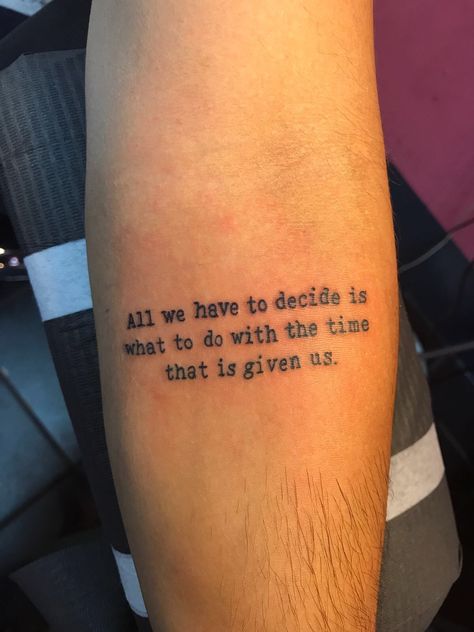 LOTR tattoo on my cousins arm by Mischief Tattoo NYC☺️ Lotr Inspired Tattoos, Lord Of The Rings Quote Tattoo, Lotr Quote Tattoo, Mordor Tattoo, The Lord Of The Rings Tattoo, I Am No Man Tattoo, Aragorn Tattoo, Lotr Tattoo Minimalist, Jrr Tolkien Tattoo