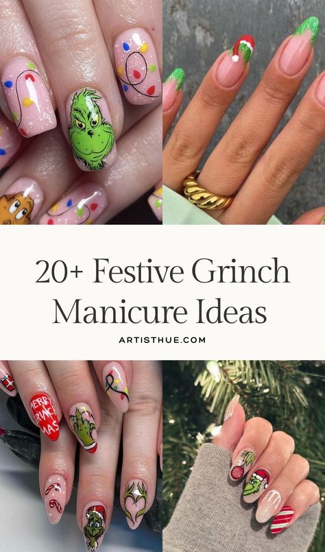 Grinch Nail Idea Xmas Christmas Nail Ideas | Festive Manicure Ideas #festivenails #grinch #grinchnails The Grinch Nail Art, Grinch Nail Art, Grinch Nails, Artist Hue, Christmas Artist, Christmas Nail Ideas, Festive Manicure, Stylish Nails Designs, Nail Idea