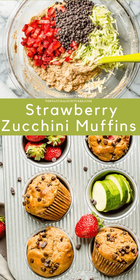 These zucchini strawberry muffins are most, fluffy and made extra special with a handful of chocolate chips, they are easy to make a bake up in 22 minutes. Zucchini Muffins For Toddlers, Strawberry Zucchini Muffins, Zucchini For Toddlers, Clean Toddler Meals, Strawberry Zucchini, Diced Strawberries, Natural Nurturer, Zucchini Muffins Healthy, Grated Zucchini