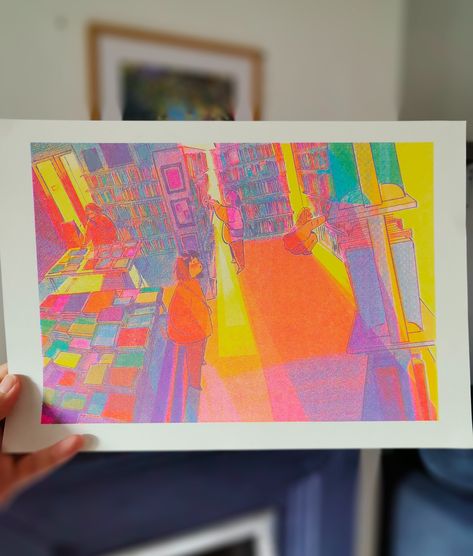 A new risograph print 'Bookshop Moment' is available, and you know where to find them😉 #art #artist #riso #risograph #screenprinting #illustration #illustrator ##handcraft #draw #paint #artista #artprint Riso Color Palette, Risograph Animation, Screenprint Posters, Screenprint Illustration, Riso Art, Risograph Illustration, Risograph Poster, Riso Printing, 2024 Ideas