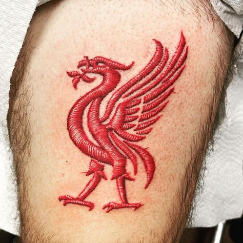 TIM BECK on Instagram: “Large Liverpool Football Club patch style tattoo on upper thigh. Thank you Preston! Also check out my buddy @dansmithism ‘s take on this.…” Patch Style Tattoo, Liverbird Tattoo, Lfc Tattoo, Liverpool Fc Tattoo, Liverpool Tattoo, Strong Tattoos, Unusual Tattoo, Stitch Tattoo, Tattoo Desings