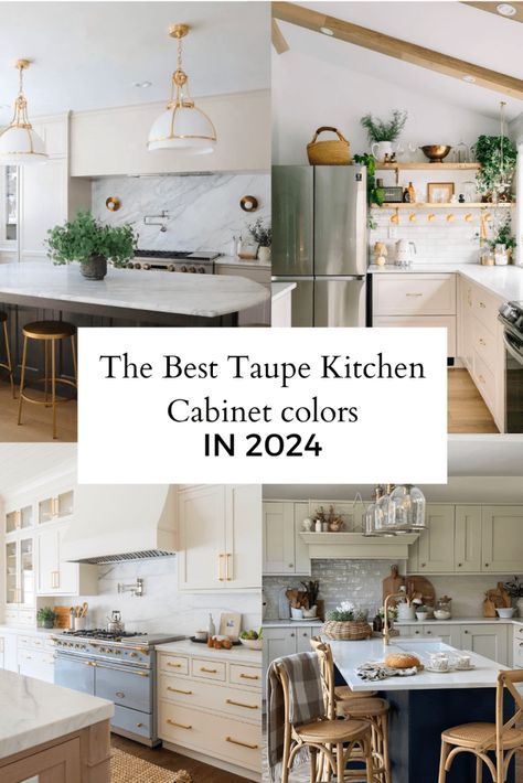 Taupe and Beige Kitchen Cabinet Colors You’ll fall in Love With - Hana's Happy Home Beige Kitchen Cabinet Colors, Timeless Kitchen Cabinets, Taupe Kitchen Cabinets, Popular Kitchen Colors, Beige Kitchen Cabinets, Kitchen Color Trends, Taupe Kitchen, Kitchen Hood Design, Kitchen Cabinet Trends