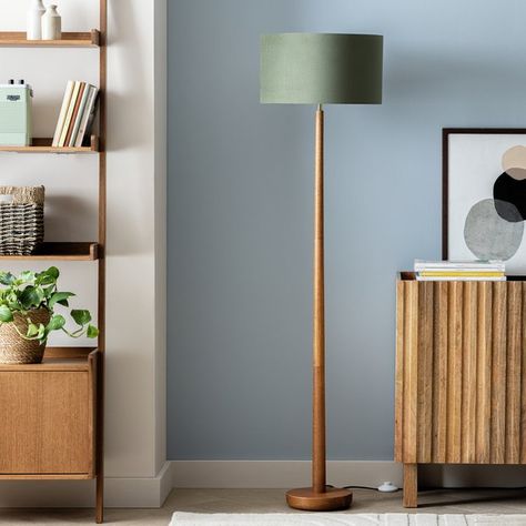 Buy Habitat Tapered and Velvet Stick Floor Lamp - Green & Wood | Floor lamps | Habitat Mid Century Modern Lamps Floor, Lamps In Living Room, Modern Table Lamps Bedroom, Sage Green Floor Lamp, Scandi Standing Lamp, Natural Floor Standing Lamp, Wood Floor Lamps, Standing Lamp Green, Standing Lamp Nordic