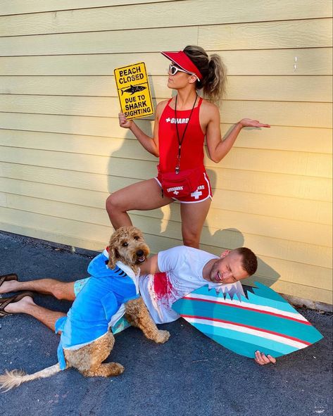 Ocean Theme Spirit Week, Shark And Surfer Costume, Life Gaurd Costume Halloween, Sea Themed Party Outfit, Life Guard And Shark Halloween Costume, Lifeguard And Shark Costume, Beach Day Spirit Day, Shark And Lifeguard Costume Couple, Beach Themed Costumes