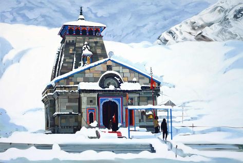 Kedarnath Art, Kedarnath Temple Painting, Kedarnath Temple, Temple Painting, Vw Art, Minions Wallpaper, City Icon, Dreamy Artwork, Beautiful Art Paintings