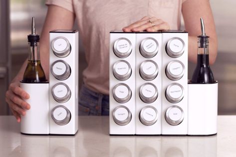 A modular spice/mix/oil rack that makes food-prep lightning fast! | Yanko Design Storage Design Ideas, Oil Rack, List Of Spices, Cd Rack, Magnetic Spice, Spice Cabinet, Spice Storage, Kitchen Spices, Spice Organization