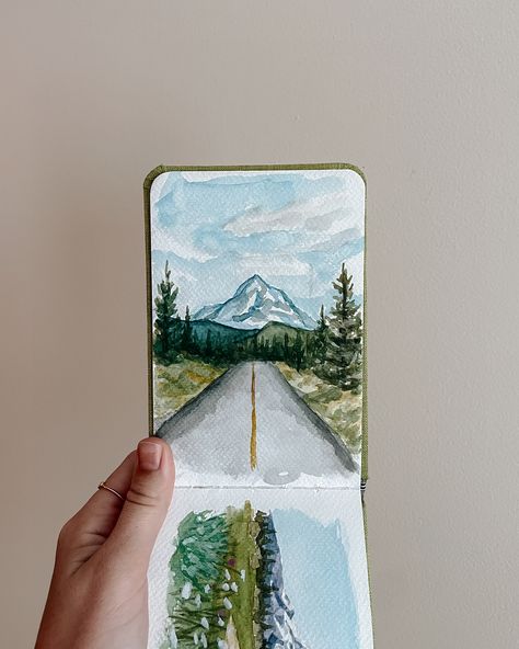 little watercolor sketches from the road🫶🏼 I’ve had so much fun painting these!! I haven’t done watercolor in years but wanted something I could easily pack on our road trip — this was the perfect solution🤩 most of these were painted in the car driving from town to town! They are also doubling as “studies” for me to turn into larger oil paintings! Help me decide which ones to paint when I’m home — what’s your favorite?! p.s. Charlie played me this song when we were “just friends” (idk how ... Road Watercolor, Large Oil Painting, Watercolour Inspiration, Artist Sketchbook, Car Driving, Watercolor Trees, Interior Design Art, Watercolor Sketch, Landscape Artist