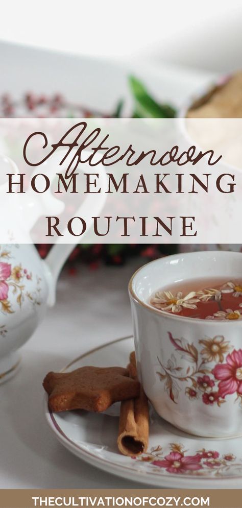 text states "Afternoon Homemaking Routine" and "the cultivation of cozy dot com". the background picture features a table with white tablecloth and a tea service set with a cookie and cinnamon stick on the saucer. Tea in the cup has chamomile flowers floating in it. Homemaker Routine, Homemaking Routine, 3d Epoxy Floor Designs, 3d Epoxy Floor, Afternoon Routine, Epoxy Floor Designs, Epoxy Floor 3d, 3d Epoxy, Floor Designs