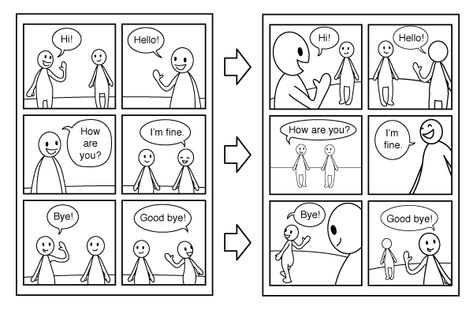 When making longer narrative-focused comics it might be good to move the "camera" around a bit more. Close-ups, full body shots and using the bird's/worm's eye view can change things up a lot, even if it is just two characters talking to each other. Comic Script Ideas, How To Make Comics Tutorials, Comic Angles, Easy Comic Drawings, How To Draw A Comic, How To Make A Manga, Ideas Para Comics, How To Make A Comic, Mini Comic Ideas